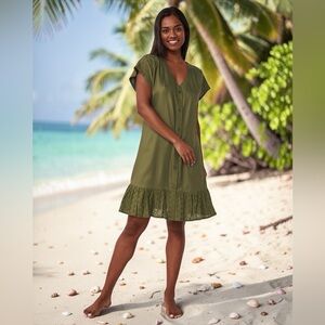 La Vie En Rose Aqua, Olive Summer Dress, Viscose Beach Dress, Large, Crochet Hem